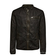 zip closure band collar black short men biker leather jacket with zipped chest pocket